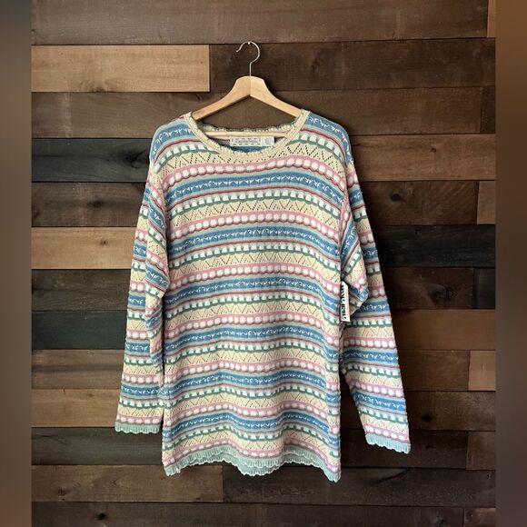 Vintage Pastel Multi-Patterned Knit Crossings Jumper Sweater – 100% Cotton - Picture 3 of 13
